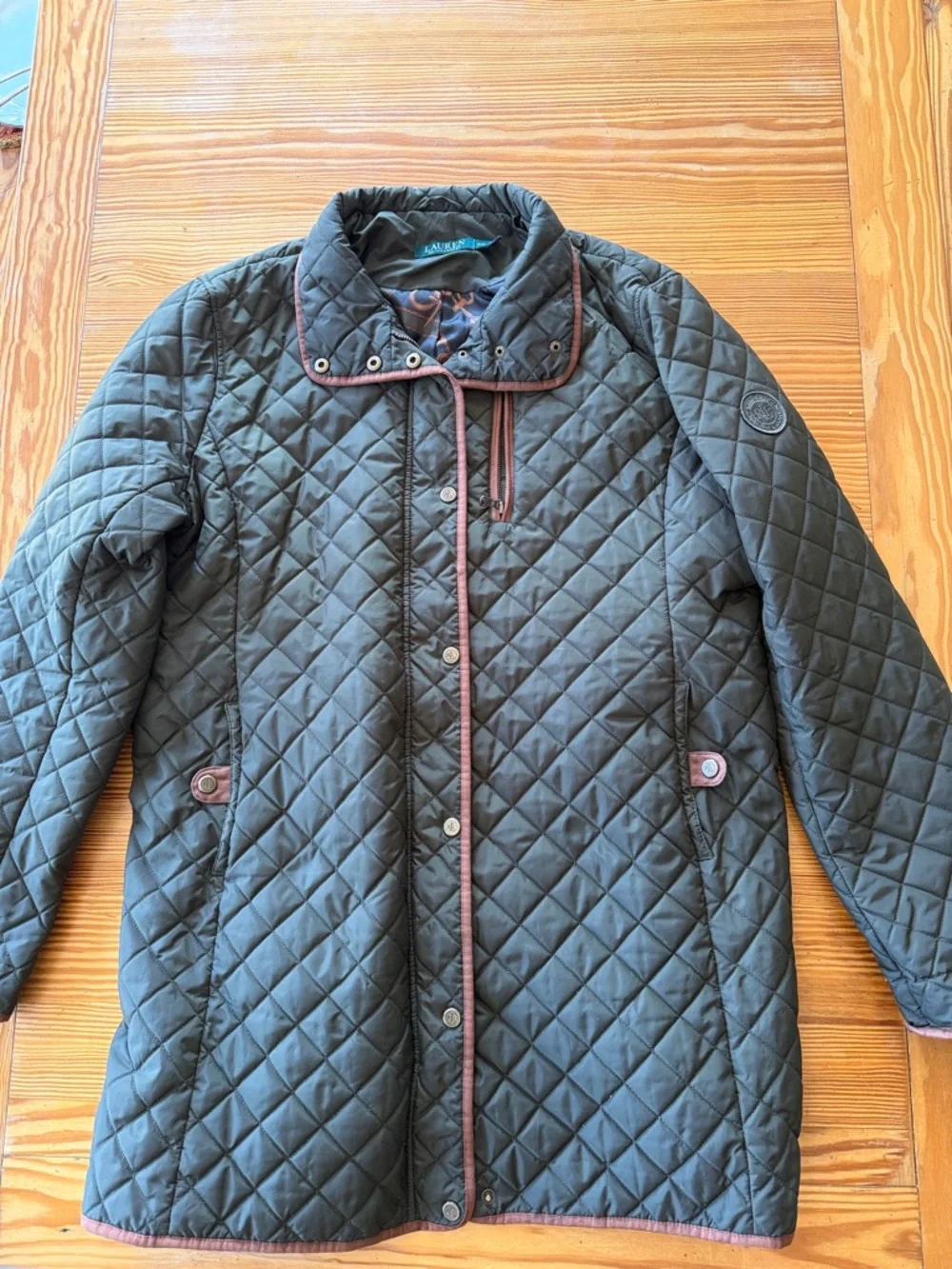 Ralph Lauren Quilted Puffer Coat in Dark Green with Brown Trim - Picture 2 of 5